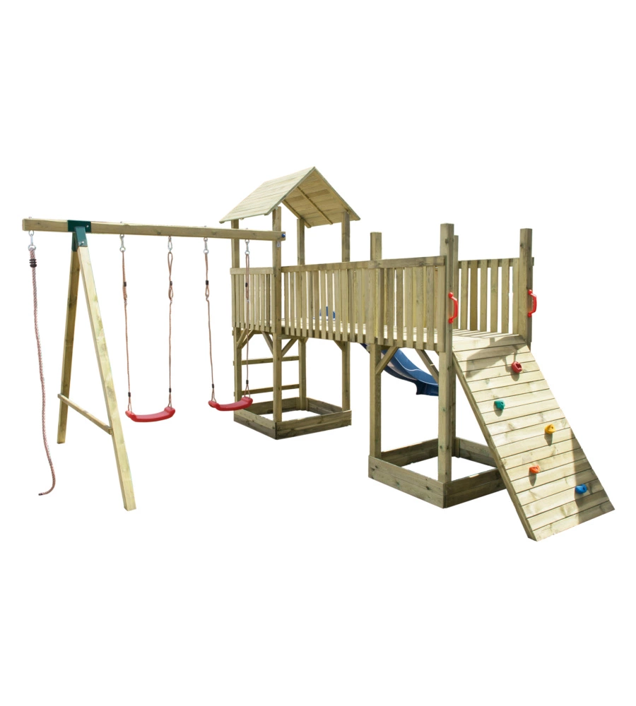 Gioco da giardino per bambini con torretta doppia, scivolo e altalena, 480x410x280 cm